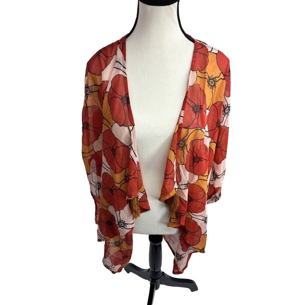 Steve Madden Womens One Size Floral Kimono Swim Cover Up Sheer Lightweight Wrap